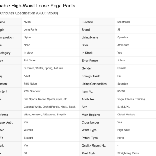 Translated_Product_Spec_K5599_Yoga_Pants High-Waisted Flared Yoga Pants with Detachable Layer Custom Available