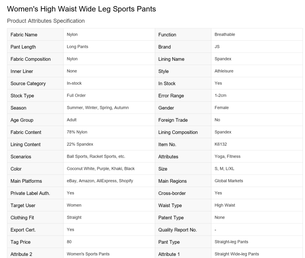 Translated_Product_Spec_K6132_v2 High-Waisted Straight-Leg Yoga Training Pants Custom Available