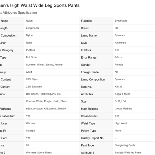 Translated_Product_Spec_K6132_v2 High-Waisted Straight-Leg Yoga Training Pants Custom Available
