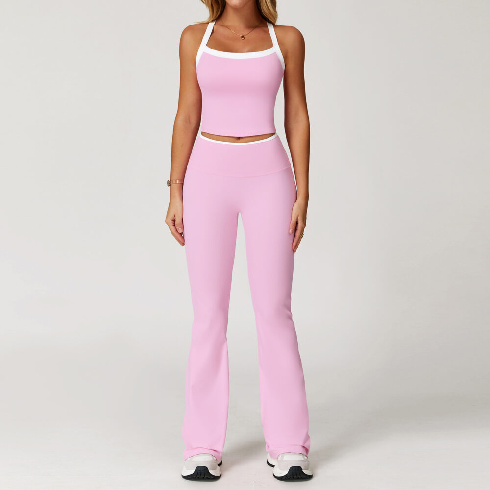 sku-21-2027背心+9238-2喇叭裤—樱花粉 Women Cross Back Nude Feel 2 Piece Yoga Workout Set, Custom Logo & Colors Available