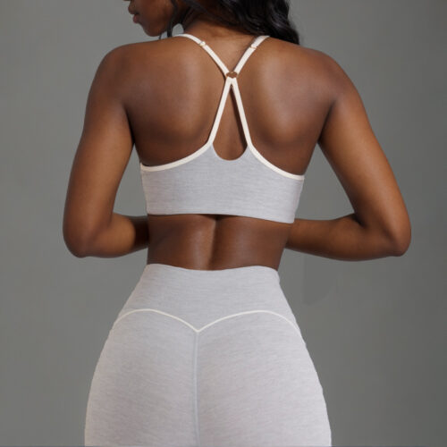 sku-26-麻灰色短裤套装 Cross-Back Nude-Feel Peach Butt Yoga Set Custom Available