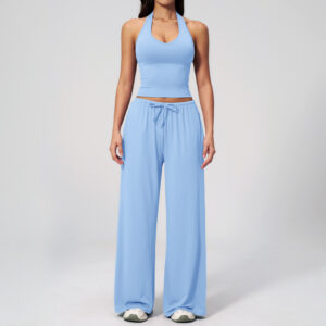 sku-3-3058背心+3058长裤–晴空蓝 Women Brushed Soft Performance 2 Piece Yoga Set, High Stretch Workout Activewear, Custom Logo & Colors Available