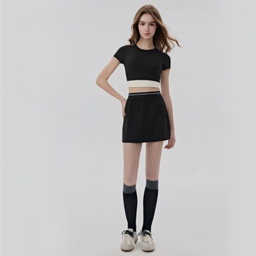 sku-4-黑色【短袖+短裙】DWY116056+DWD116004 2-in-1 Cooling Contrast Tennis Skort Set Custom Available