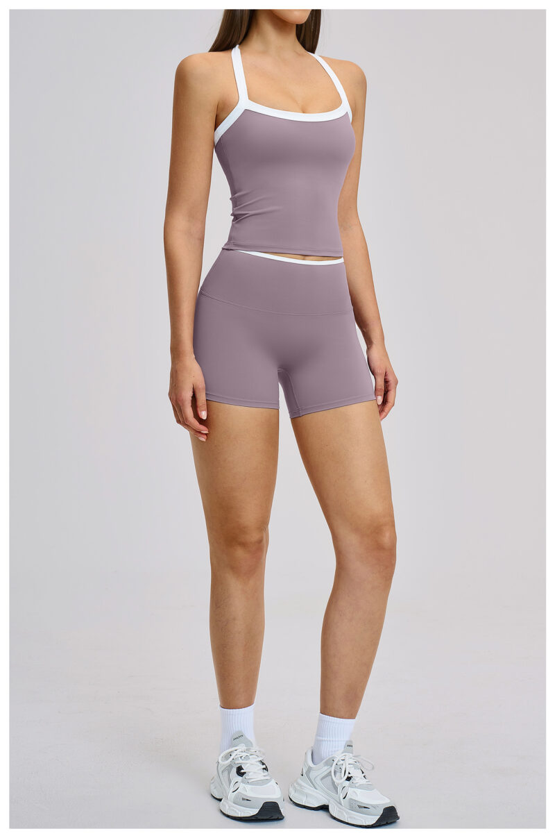 Women Cross Back Nude Feel Sports Bra & Biker Shorts 2 Piece Yoga Set, Custom Logo & Colors Supported
