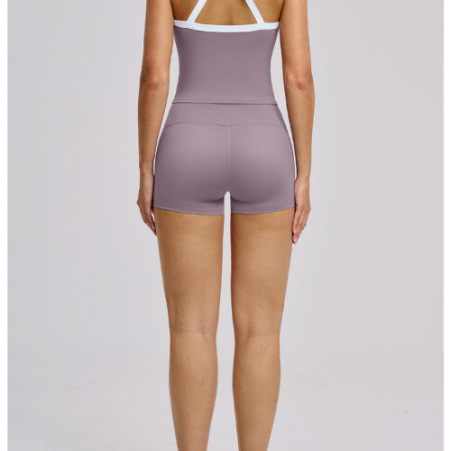 详情-27 Women Cross Back Nude Feel Sports Bra & Biker Shorts 2 Piece Yoga Set, Custom Logo & Colors Supported