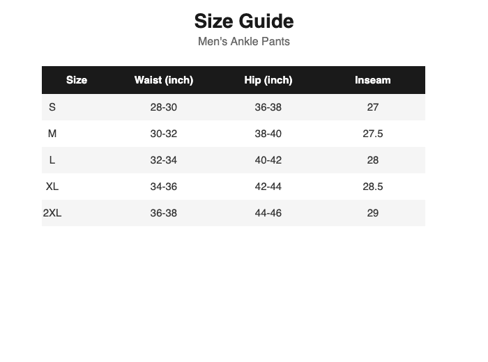 Pants Size Guide