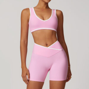 sku-12-8843文胸+8843短裤—樱花粉 Crisscross High Waist Buttery Soft Sports Bra Biker Shorts Yoga Set, Customizable