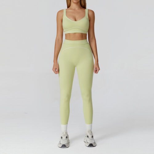 sku-20-7028文胸+7028长裤—柠绿色 High Waisted Tummy Control Sports Bra Capri Pants Set, Customizable