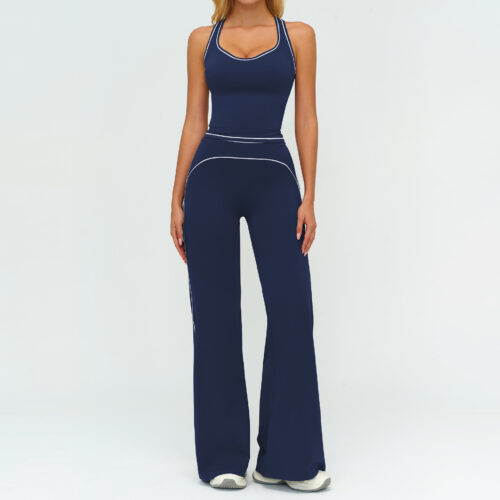 sku-64-7028背心+7028-2阔腿裤—徽章蓝 High Waisted Tummy Control Tank Top Wide Leg Pants Set, Customizable
