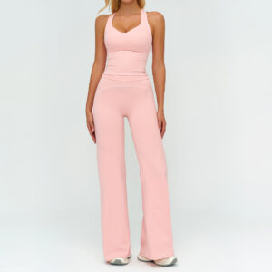 sku-65-7028背心+7028-2阔腿裤—蜜桃粉 High Waisted Tummy Control Tank Top Wide Leg Pants Set, Customizable