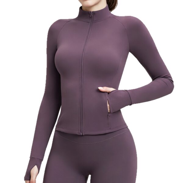 04-4-1.jpg Stand-Collar Zip Pocket Yoga Jacket – Quick-Dry Long-Sleeve Cross-Border Active Jacket with Thumbholes (KN-WX82) OEM Wholesale