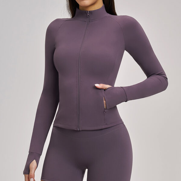 11-3-1.jpg Stand-Collar Zip Pocket Yoga Jacket – Quick-Dry Long-Sleeve Cross-Border Active Jacket with Thumbholes (KN-WX82) OEM Wholesale