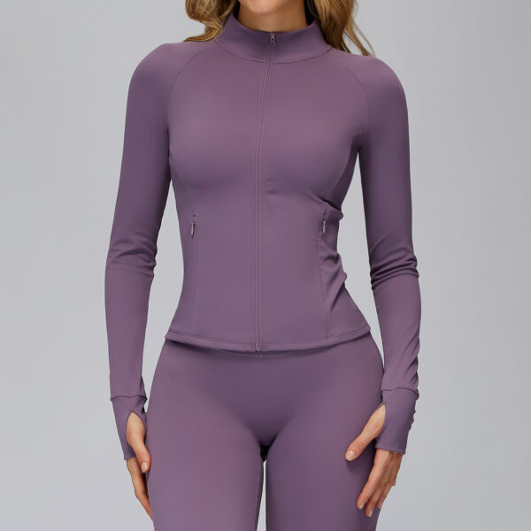 16-3-1.jpg Stand-Collar Zip Pocket Yoga Jacket – Quick-Dry Long-Sleeve Cross-Border Active Jacket with Thumbholes (KN-WX82) OEM Wholesale