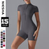 Short-Sleeve Yoga Bodysuit One-Piece – Zipper Summer Dance Fitness Jumpsuit with Shorts OEM Wholesale