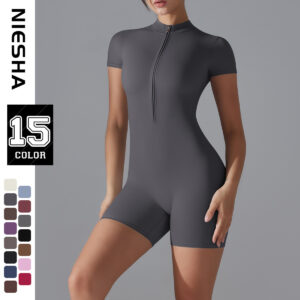 c00-3-1.jpg Short-Sleeve Yoga Bodysuit One-Piece – Zipper Summer Dance Fitness Jumpsuit with Shorts OEM Wholesale