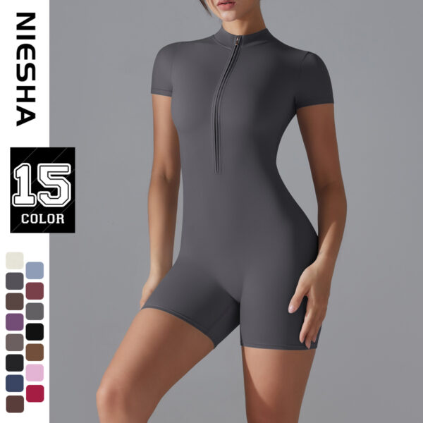 c00-3-1.jpg Short-Sleeve Yoga Bodysuit One-Piece – Zipper Summer Dance Fitness Jumpsuit with Shorts OEM Wholesale