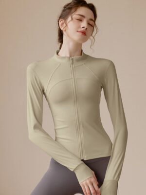 c00-5-1.jpg Slim-Fit Zip-Up Yoga Jacket – High-Stretch Long-Sleeve Waist-Tie Workout Cardigan (0556) OEM Wholesale
