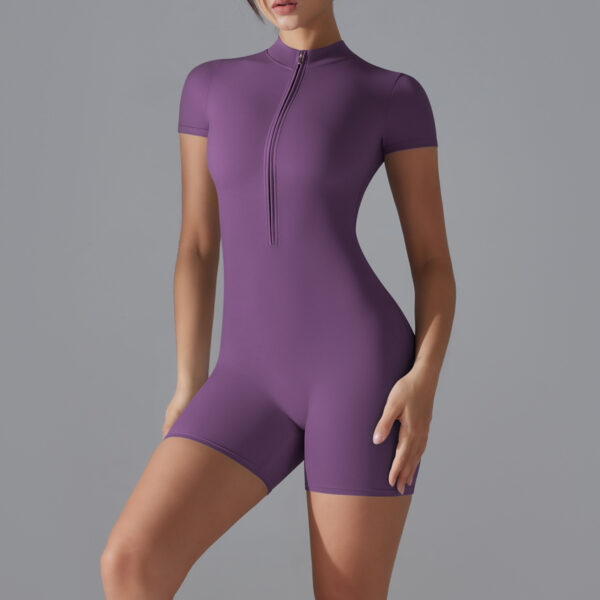 c08-14-1.jpg Short-Sleeve Yoga Bodysuit One-Piece – Zipper Summer Dance Fitness Jumpsuit with Shorts OEM Wholesale