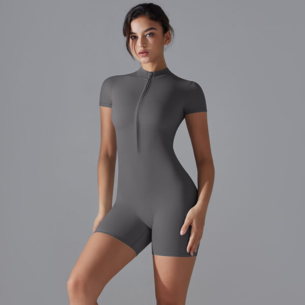 c17-5-1.jpg Short-Sleeve Yoga Bodysuit One-Piece – Zipper Summer Dance Fitness Jumpsuit with Shorts OEM Wholesale