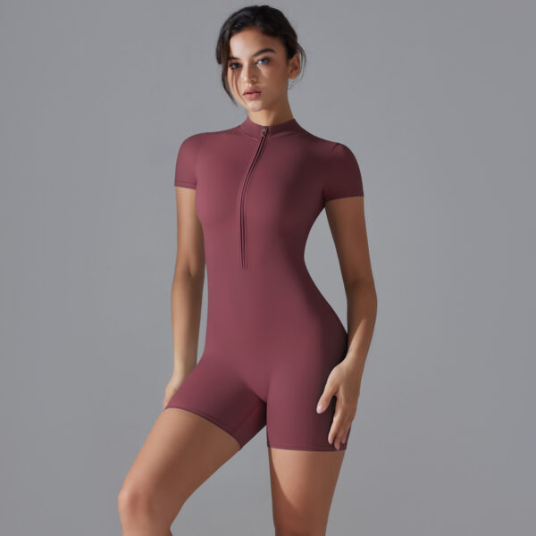 c19-5-1.jpg Short-Sleeve Yoga Bodysuit One-Piece – Zipper Summer Dance Fitness Jumpsuit with Shorts OEM Wholesale